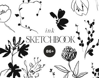 Floral Line Art Clipart - Hand-Drawn Ink Abstract Flowers (PNG and vector EPS)