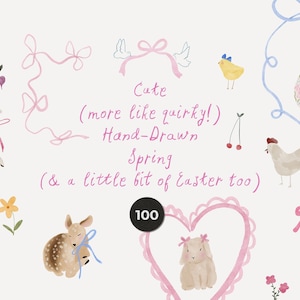May include: A collection of hand-drawn spring and Easter-themed illustrations. The image features a lamb, deer, chick, and other elements, along with text that reads "Cute (more like quirky!) Spring (& a little bit of Easter too)".