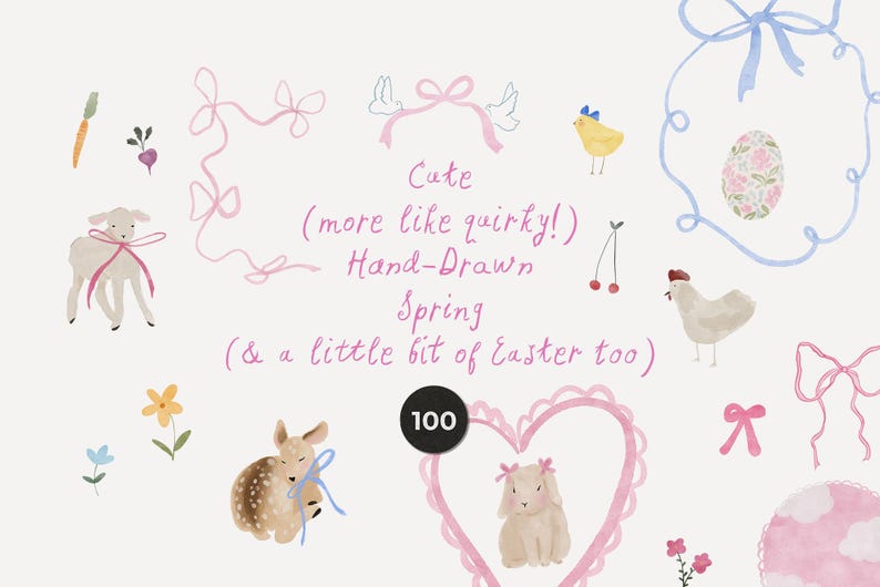 May include: A collection of hand-drawn spring and Easter-themed illustrations. The image features a lamb, deer, chick, and other elements, along with text that reads "Cute (more like quirky!) Spring (& a little bit of Easter too)".