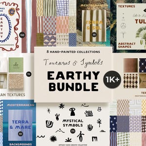 Może przedstawiać: Cyfrowy pakiet projektowy zawierający 8 ręcznie malowanych kolekcji tekstur i symboli. Centralny tekst brzmi 8 HAND-PAINTED COLLECTIONS Textures & Symbols EARTHY BUNDLE 1K+. Obraz przedstawia różne wzory, ikony i elementy graficzne.