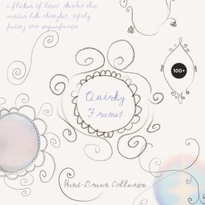 Könnte beinhalten: Eine Sammlung handgezeichneter, skurriler Rahmendesigns in Schwarz und Grau auf cremefarbenem Hintergrund. Der Text enthält "Quirky Frames" und "Hand-Drawn Collection". Dekorative Wirbel und florale Elemente sind ebenfalls vorhanden.
