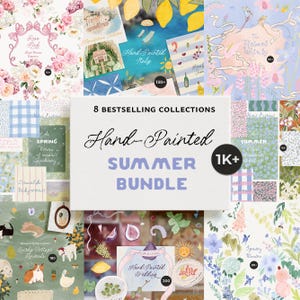 May include: A collection of hand-painted digital art bundles with a summer theme. The image features various watercolor illustrations, including floral patterns, Italian landscapes, and whimsical designs. Text includes "Hand-Painted Summer Bundle" and "8 Bestselling Collections."