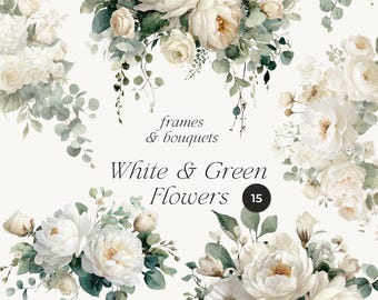 White and Green Watercolor Floral Clipart - Neutral Romantic Flowers for invites (PNG)
