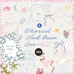 May include: A whimsical, hand-drawn illustration with the text "Whimsical & Hand-drawn Love vol.2!" and "Summer Edition (:)". The image features various elements like seashells, flowers, and a face, all in soft pastel colors.