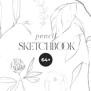May include: A monochrome pencil sketch featuring botanical illustrations of leaves, flowers, and stems. The words "pencil SKETCHBOOK" are written in an elegant font, with a black circle containing "64+" beneath.