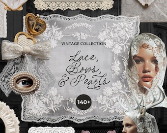 Vintage Lace Doilies Clipart – Elegant Wedding Frames, Coquette Doily, Handkerchiefs, Bows & Pearls, Women (PNG)