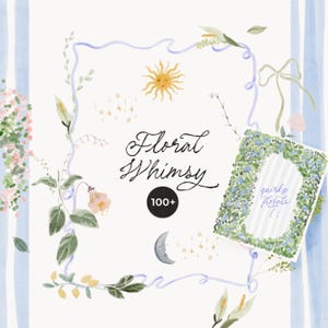 May include: A watercolour illustration with the text "Floral Whimsy" and "100+". The image features a sun, moon, stars, and floral elements. A card with the text "quirky florals" is also present. The background has blue and white stripes.