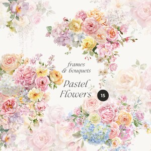 Op de afbeelding: Waterverf bloemstukken in pastelkleuren. De afbeelding toont boeketten van rozen, hortensia's en andere bloemen in roze, geel en blauw. Tekst luidt "frames & bouquets Pastel Flowers 15."