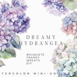 Puede incluir: Ilustración en acuarela con Dreamy Hydrangea. La imagen muestra racimos de flores de hortensia moradas, azules y rosas con hojas verdes. El texto incluye "Dreamy Hydrangea", "Bouquets, Frames, Wreath, DIY" y "Watercolor Mini-Collection."