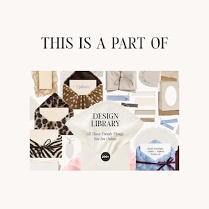 May include: A collage of various stationery items including envelopes with animal prints, textured paper, ribbons, and cards. The text reads THIS IS A PART OF DESIGN LIBRARY All Those Trendy Things You See Online, with a 200+ badge on a central envelope.