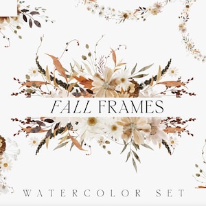 Aquarell-Herbstblumenkränze-Cliparts - Handgemalte neutralbraune Herbstrahmen für Einladungen (PNG)