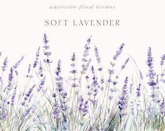 Clipart di bordi floreali di lavanda - Fiori di campo viola tenui ad acquerello - Set di lavanda per inviti (PNG)
