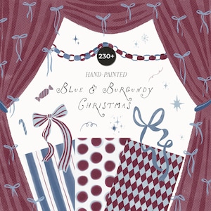Könnte beinhalten: Eine digitale Illustration mit weinroten Vorhängen, hellblauen Schleifen, einer Kettengirlande und dem Text 230+ HAND-PAINTED BLUE & BURGUNDY CHRISTMAS. Darunter befinden sich drei Muster: blau-weiße Streifen, weinrote Punkte und ein weinrotes Rautenmuster.