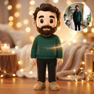 May include: A cartoon-style figurine of a man with a beard, wearing a green sweater, black pants, and tan shoes. The background features soft bokeh lights and a cozy setting. A smaller image of the man in real life is in the background.