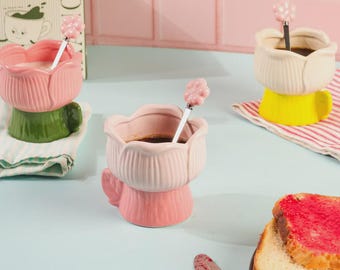Handcrafted Ceramic Petal Cup with Spoon – 330ml Dessert Snack Mug