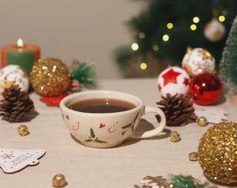 Handmade Christmas Holly Mug – Festive Ceramic Cup, Holiday Coffee Mug, Cozy Winter Drinkware.