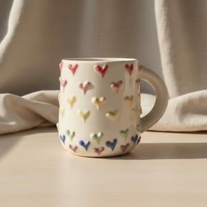 May include: Cream ceramic mug decorated with raised, colourful heart-shaped designs. The hearts are in shades of red, yellow, blue, and green. The mug has a curved handle and sits on a light-coloured surface.