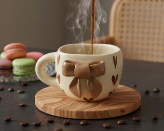 Handmade Tan Bow Mug: Heart Accent Ceramic Coffee Cup