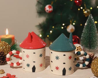 Handmade Christmas House Mug | Red Roof Ceramic Holiday Cup