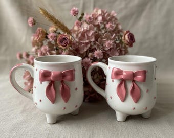 Handmade Pink Bow Mug, Kawaii Footed Ceramic Pottery