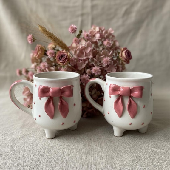Handmade Pink Bow Mug, Kawaii Footed Ceramic Pottery