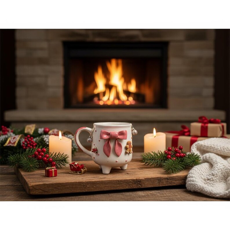 Puede incluir: Una taza navide&ntilde;a de cer&aacute;mica blanca con un lazo rosa y detalles de hombre de jengibre. La taza tiene tres patas peque&ntilde;as y un asa curva. La taza est&aacute; sobre una bandeja de madera con velas, vegetaci&oacute;n y regalos envueltos.