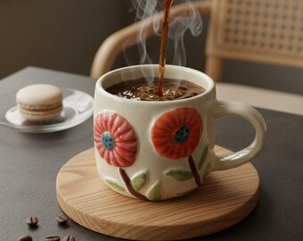 Handmade Ceramic Daisy Mug, 3D Floral Pottery, Garden Lover Gift