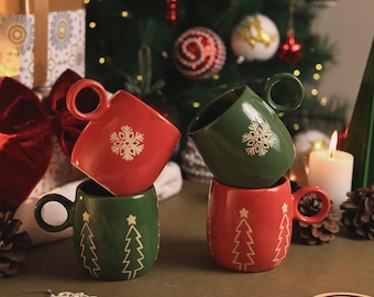 Handmade Christmas Mug Set | Red & Green Holiday Coffee Cups