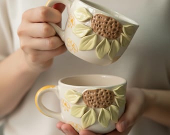 Handmade 3D Sunflower Mug – Floral Pottery Coffee Cup, Farmhouse Decor