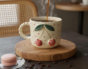 Handmade Cherry Ceramic Mug: Rustic Cottagecore Pottery