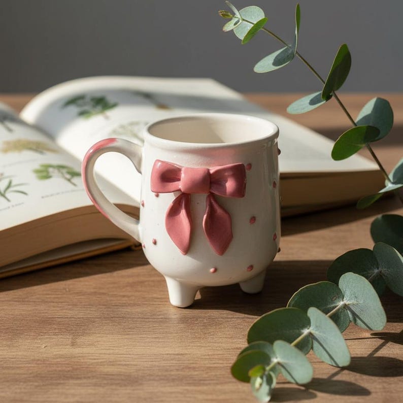 Puede incluir: Una taza de cer&aacute;mica blanca con un lazo rosa y lunares. La taza tiene un asa y tres patas peque&ntilde;as. Un libro est&aacute; abierto en el fondo y hojas de eucalipto en primer plano.