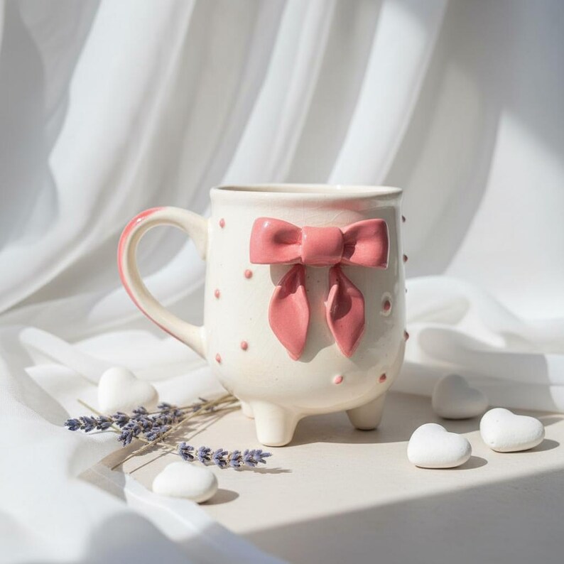 Puede incluir: Taza de cer&aacute;mica blanca con un lazo rosa y lunares. La taza tiene un asa y tres peque&ntilde;os pies. Ramas de lavanda y decoraciones en forma de coraz&oacute;n est&aacute;n dispuestas cerca de la taza.