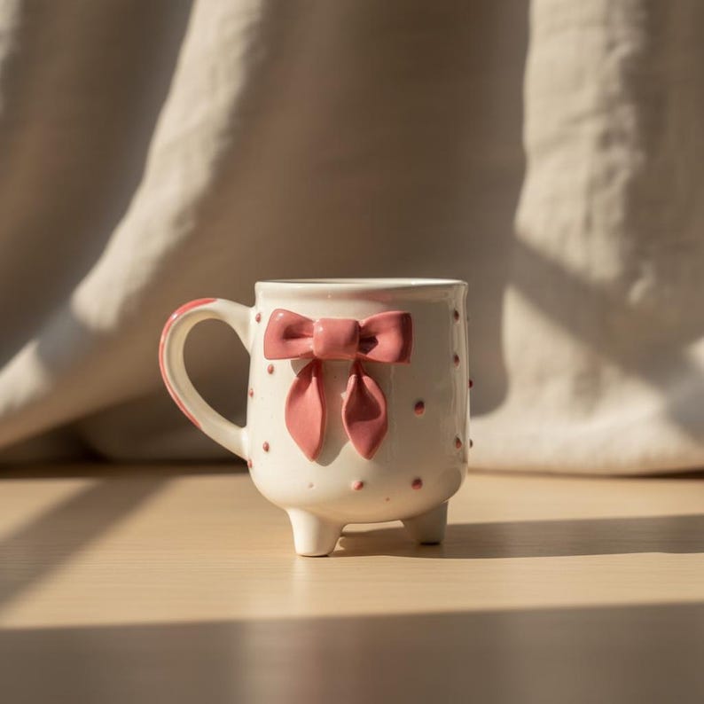 Puede incluir: Una taza de cer&aacute;mica blanca con un lazo rosa y peque&ntilde;os lunares rosas. La taza tiene un asa curvada y se apoya en tres peque&ntilde;os pies. El lazo es un elemento decorativo prominente en la parte delantera de la taza.