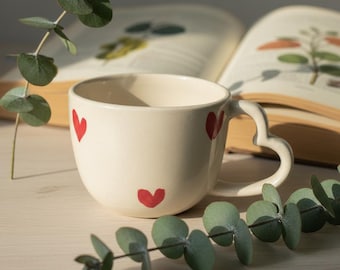 Handmade Ceramic Heart Mug – Red Heart Handle, Romantic Gift
