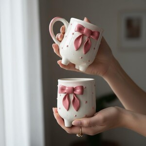 Puede incluir: Dos tazas de cer&aacute;mica blanca con lazos rosas y peque&ntilde;os lunares rosas. Una taza tiene un asa y se eleva sobre tres peque&ntilde;os pies. La otra taza es una versi&oacute;n m&aacute;s peque&ntilde;a, sin asa, tambi&eacute;n con tres pies.