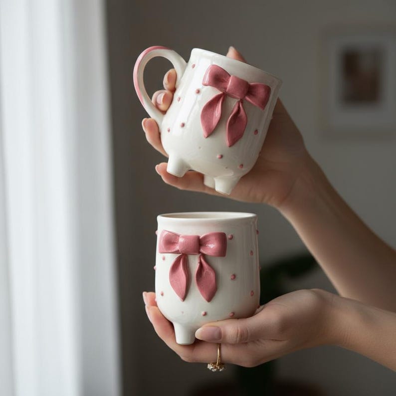 Puede incluir: Dos tazas de cer&aacute;mica blanca con lazos rosas y peque&ntilde;os lunares rosas. Una taza tiene un asa y se eleva sobre tres peque&ntilde;os pies. La otra taza es una versi&oacute;n m&aacute;s peque&ntilde;a, sin asa, tambi&eacute;n con tres pies.