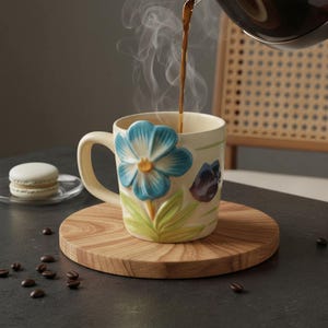 Puede incluir: Una taza de cerámica color crema con un diseño de flor azul, con vapor saliendo mientras se vierte café. La taza está sobre un posavasos de madera, con granos de café esparcidos. Un macaron está sobre un plato transparente.