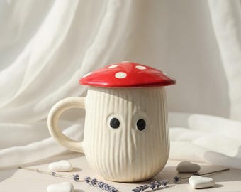 Handmade Ceramic Mushroom Mug with Lid: Whimsical Cottagecore Tea Cup