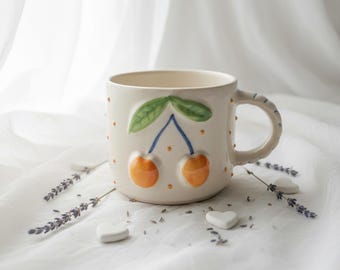 Handmade Cherry Ceramic Mug: Rustic Cottagecore Pottery