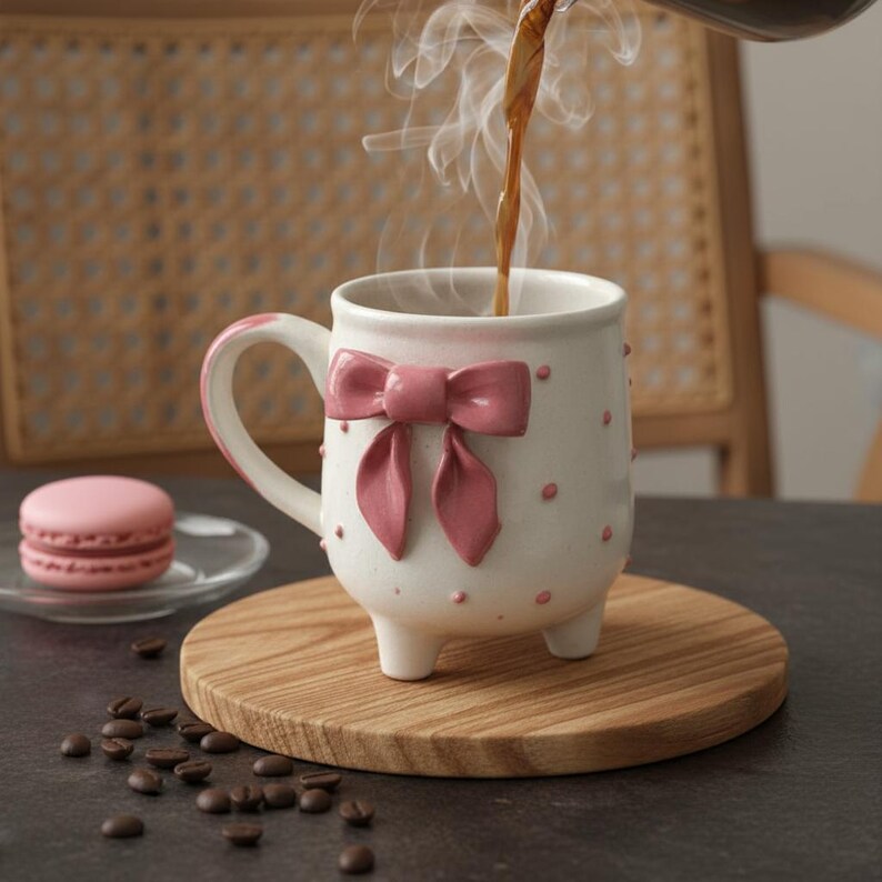 Puede incluir: Una taza de cer&aacute;mica blanca con un lazo rosa y lunares, colocada sobre un posavasos de madera. Se est&aacute; vertiendo caf&eacute; en la taza. Un macaron rosa est&aacute; sobre un plato de cristal peque&ntilde;o cerca, con granos de caf&eacute; esparcidos.