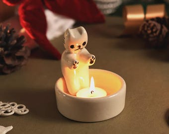 Portacandele in ceramica fatto a mano a forma di gatto - Portacandele a forma di gattino