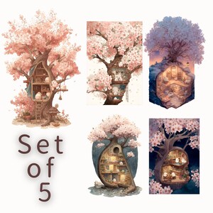 以下が含まれることがあります： 桜の木に囲まれた、5つの水彩イラストのセット。それぞれ異なるデザインのツリーハウスが描かれており、居心地の良い内装と魅力的なディテールが特徴です。「Set of 5」の文字が左下に表示されています。