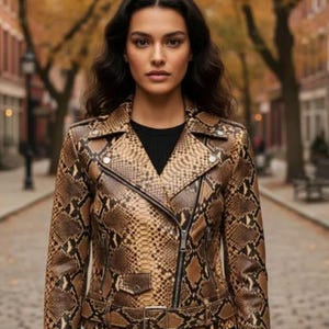 Könnte beinhalten: Braune und beige Jacke mit Schlangenmuster, mit schwarzem Reißverschluss, Reverskragen und Gürtel. Die Jacke hat einen klassischen Biker-Stil mit einer taillierten Silhouette. Die Jacke wird über einem schwarzen Oberteil getragen.