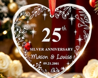 Adorno de cristal plateado personalizado para el 25.º aniversario, regalo para el 25.º aniversario de bodas, decoración navideña personalizada, regalo para padres, marido y mujer.