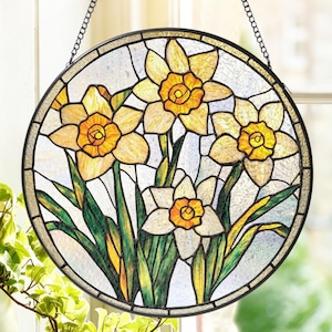Atrapasueños de vidrieras con narcisos, adorno colgante de ventana con flores de narciso amarillo, flores de nacimiento de marzo, regalo para el Día de la Madre, decoración floral de jardín de primavera.