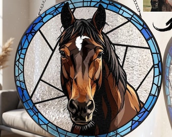 Atrapasueños de vidrieras con retrato de caballo personalizado, adorno para ventana con foto de mascota personalizada, regalo de condolencia por la pérdida de una mascota, regalo para amantes de los caballos