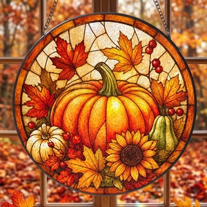 May include: A circular stained glass suncatcher featuring a large orange pumpkin, a smaller white pumpkin, a green gourd, and a sunflower. The design includes vibrant red and yellow maple leaves and small red berries, all framed in a black metal border.
