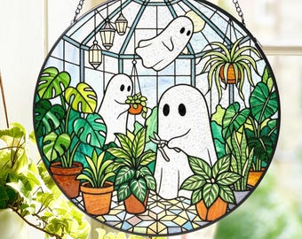 Cute Ghost Stained Glass Suncatcher, Ghost Greenhouse Window Hangings, Plant Lover Gift