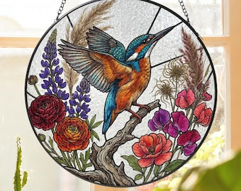 Kingfisher Stained Glass Suncatcher, Window Hanging Bird Art, Gifts for Kingfisher Lover, Mother's Day Gift, Nature Lover Gifts