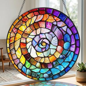 Puede incluir: Una vidriera redonda con un diseño en espiral. La ventana presenta un mosaico de piezas de vidrio de colores en tonos de rojo, naranja, amarillo, verde, azul y morado. Cuelga de una cadena y se exhibe frente a una ventana.